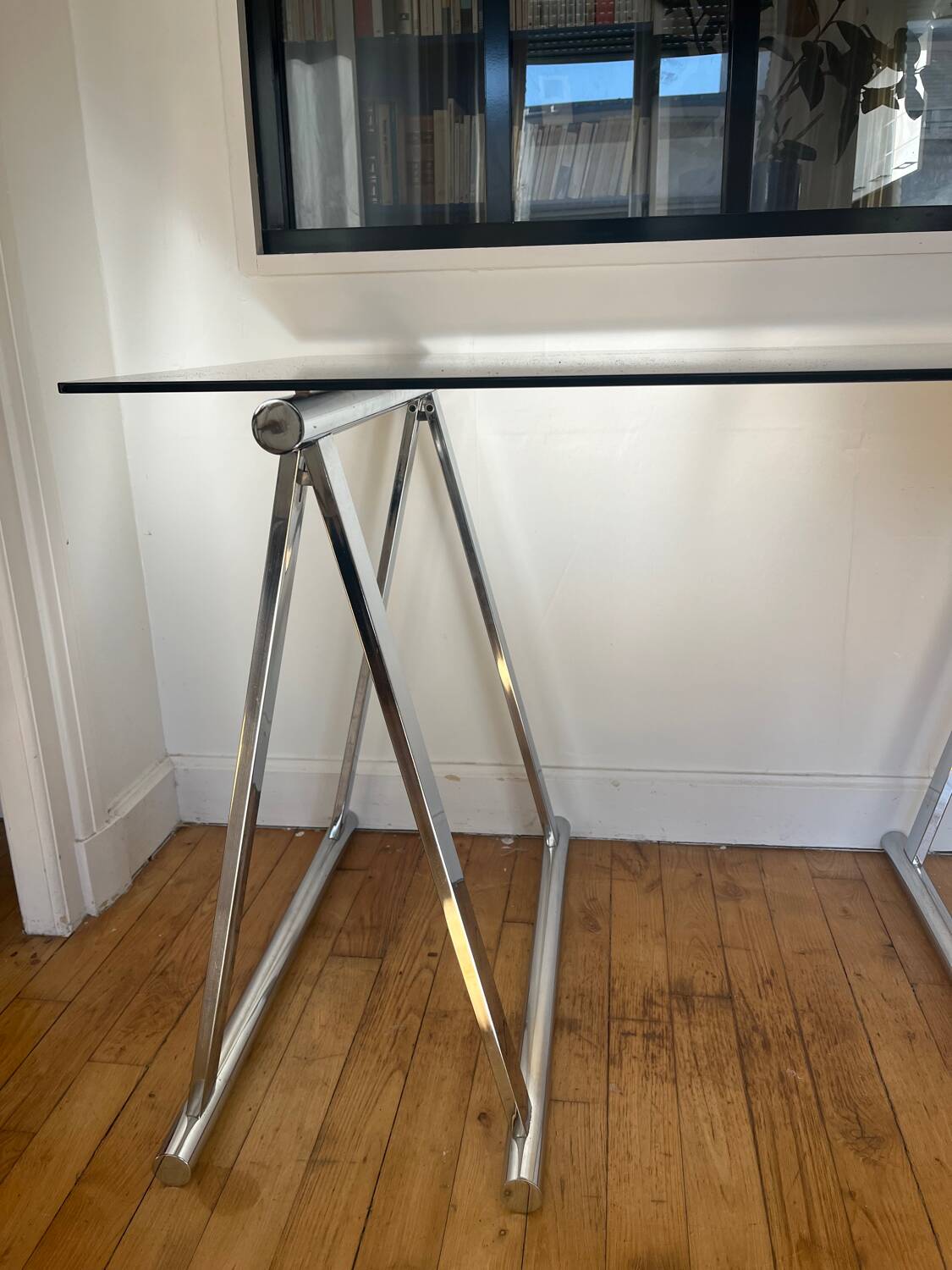 Smoked glass and chrome metal desk by Milo Baughman for Rochebobois