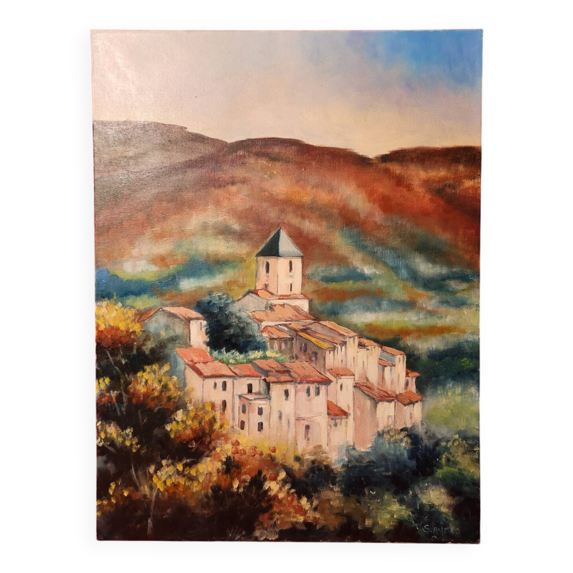 Oil painting on canvas Provençal landscape Village around its bell tower