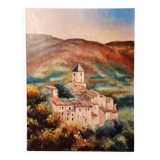 Oil painting on canvas Provençal landscape Village around its bell tower