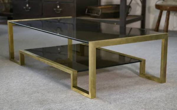 Designer coffee table with brass structure and black smoked glass, 1970s