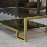Designer coffee table with brass structure and black smoked glass, 1970s