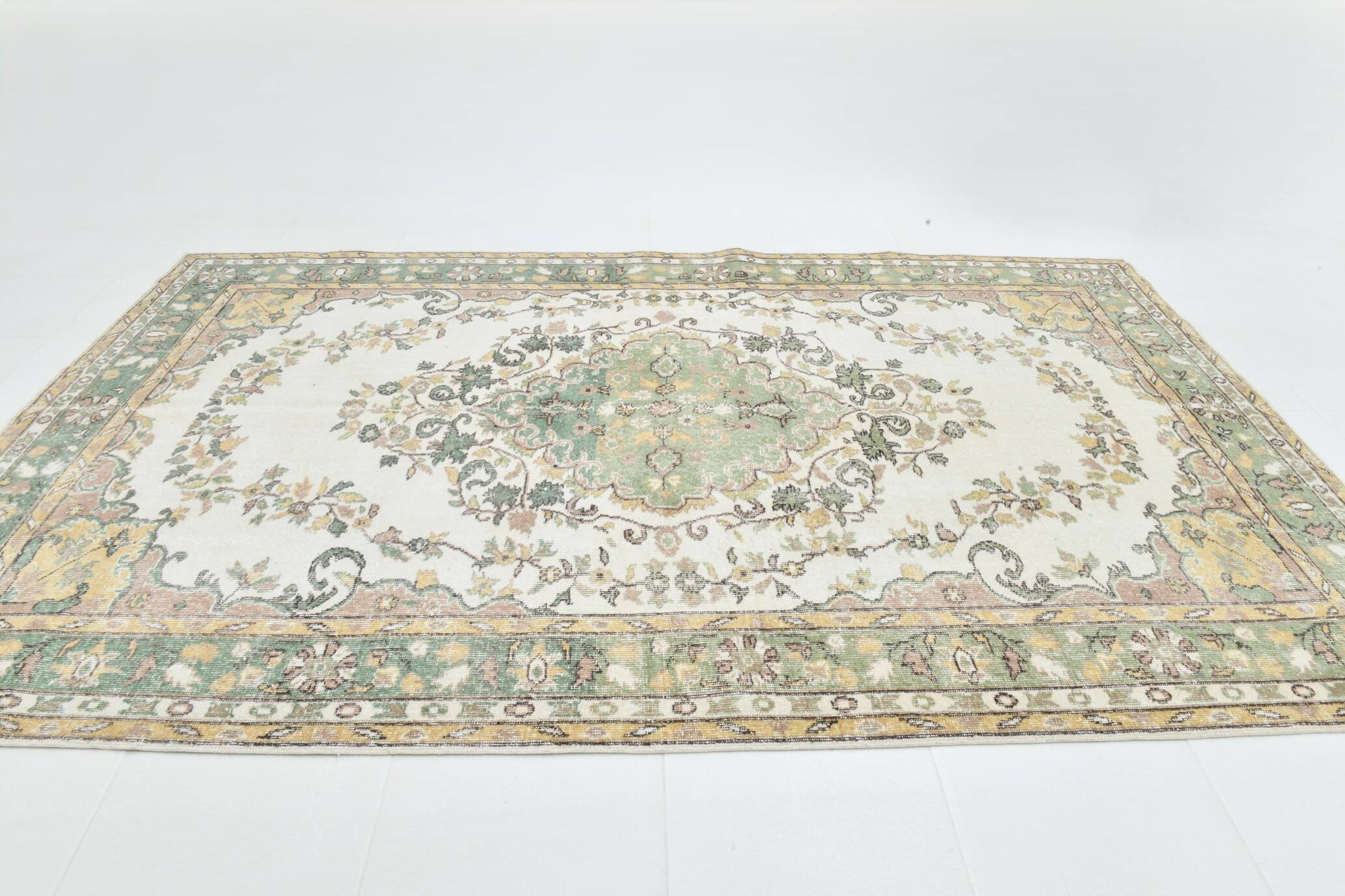 6x10 Beige & Green Geometric Pattern Anatolian Vintage Rug, 185x296 Cm