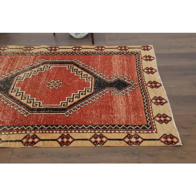 1970s Vintage Turkish Oushak Handmade Wool Cotton Red Runner Rug 116x267