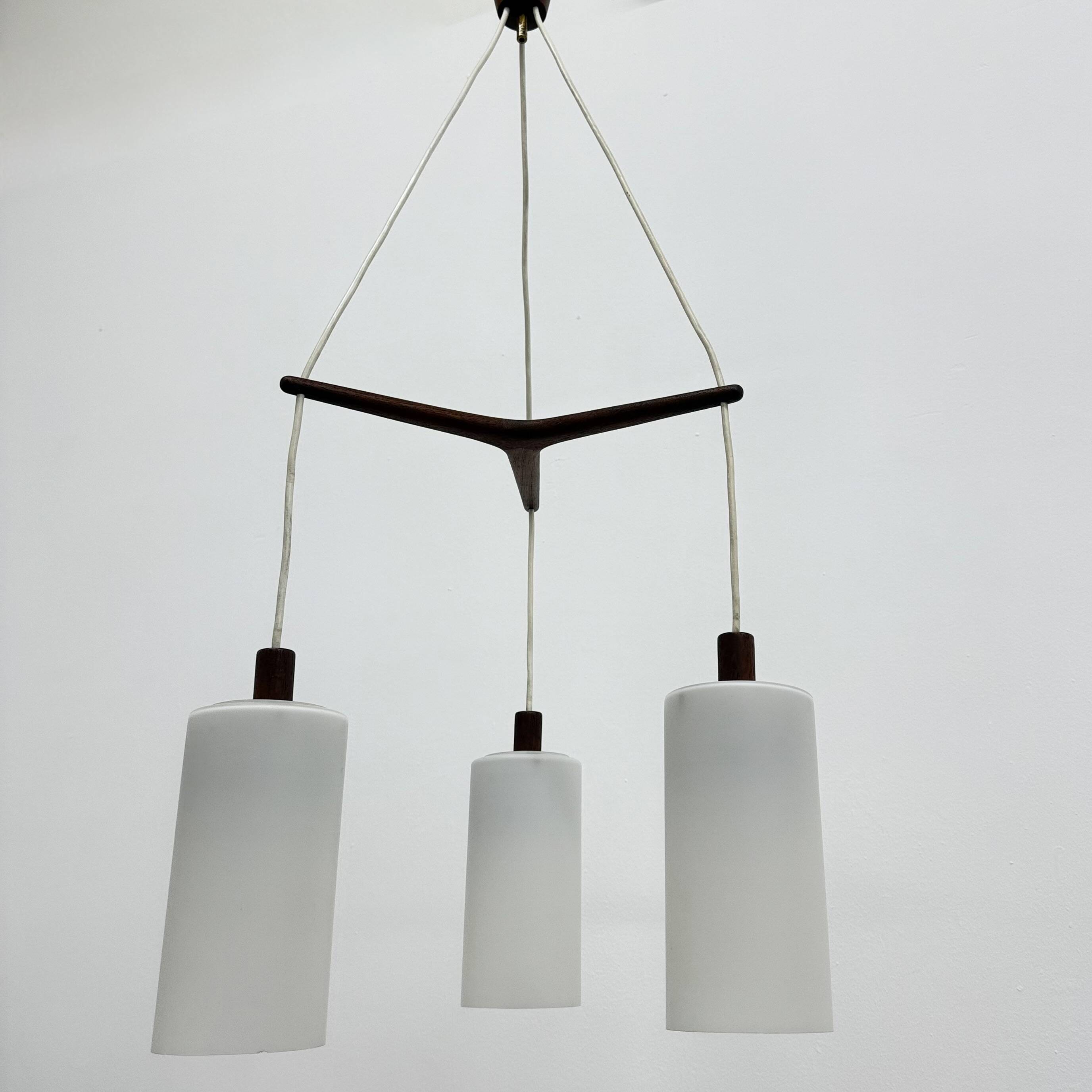 Mid-century design pendant lamp teak and opaline glass, 1970s