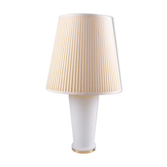 White glass table lamp with a pliche fabric shade, 70s.