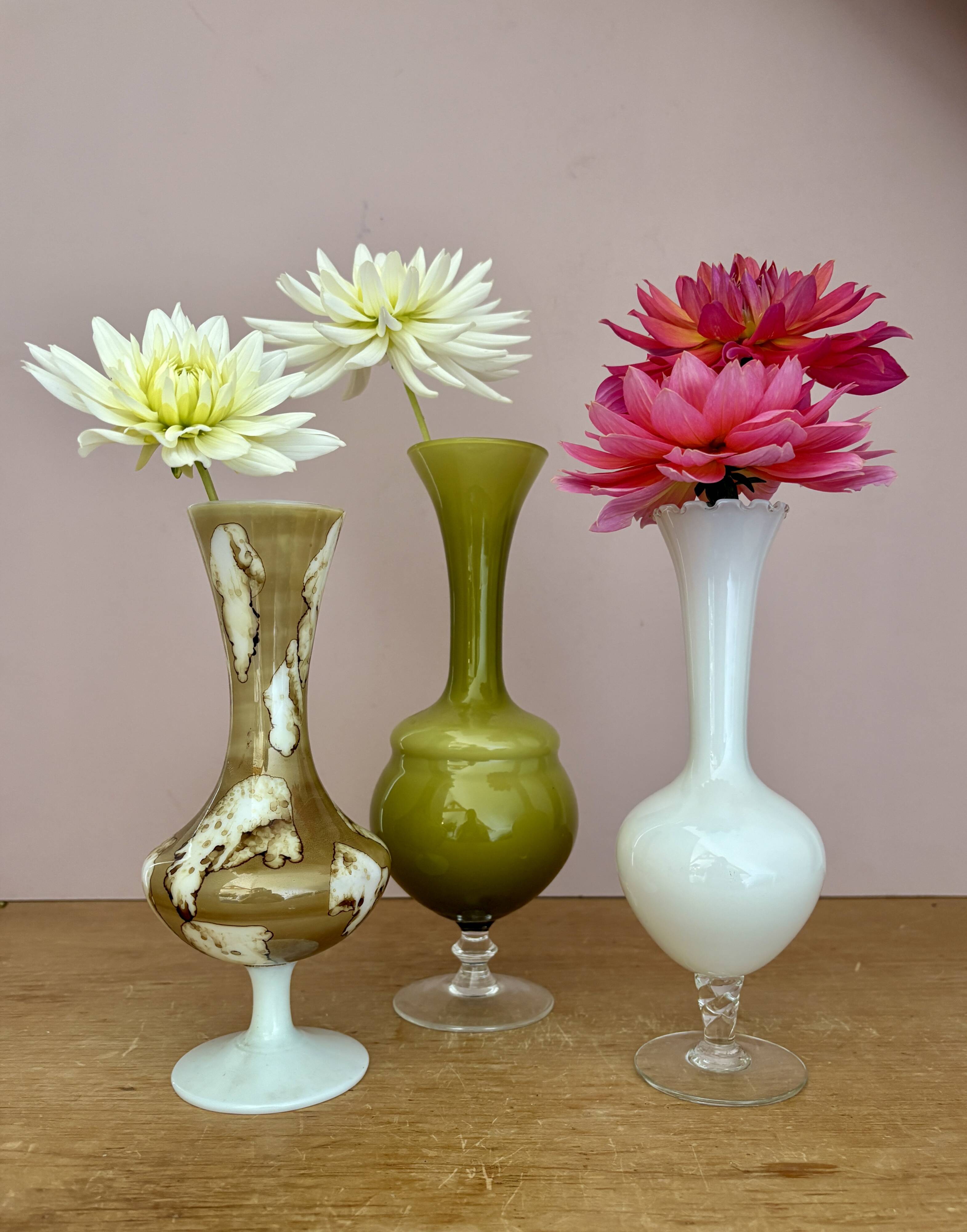 Set of 3 vintage glass and opaline vases