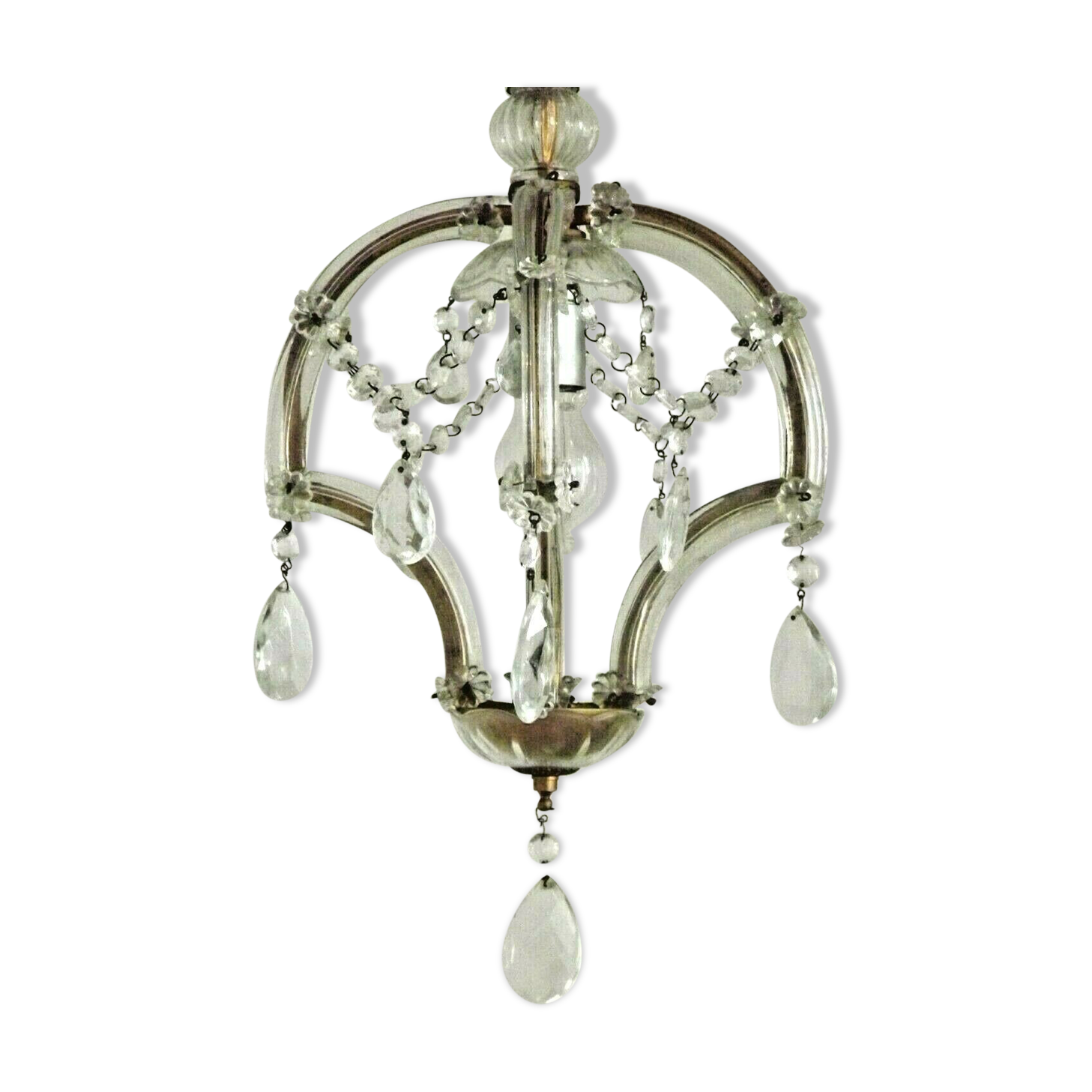 French vintage single light metal glass & acrylic crystal cage chandelier 3152