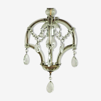 Français vintage single light metal glass & acrylic crystal cage chandelier 3152
