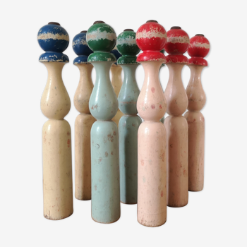 Series of 9 old bowling painted wood