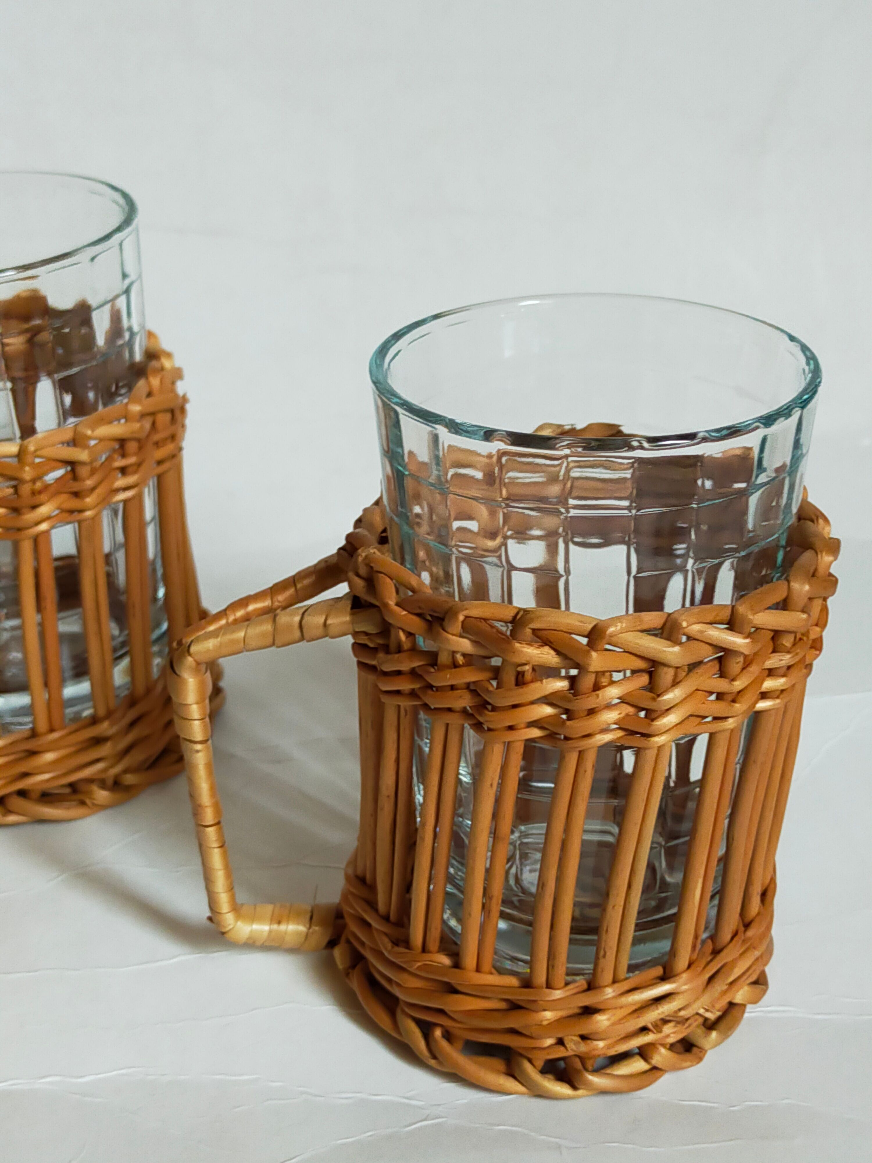 Six vintage 50s glasses in braided rattan cases