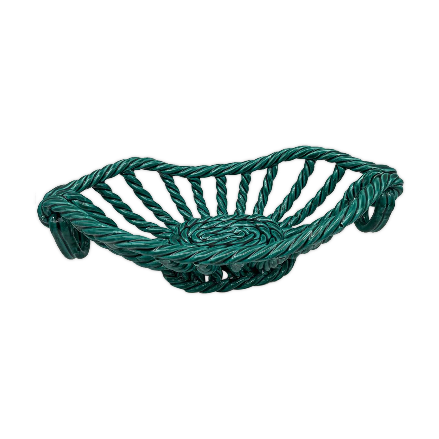 Vintage fruit basket in green enamelled woven earthenware