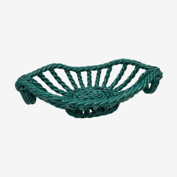 Vintage basket / fruit basket in green enameled woven earthenware
