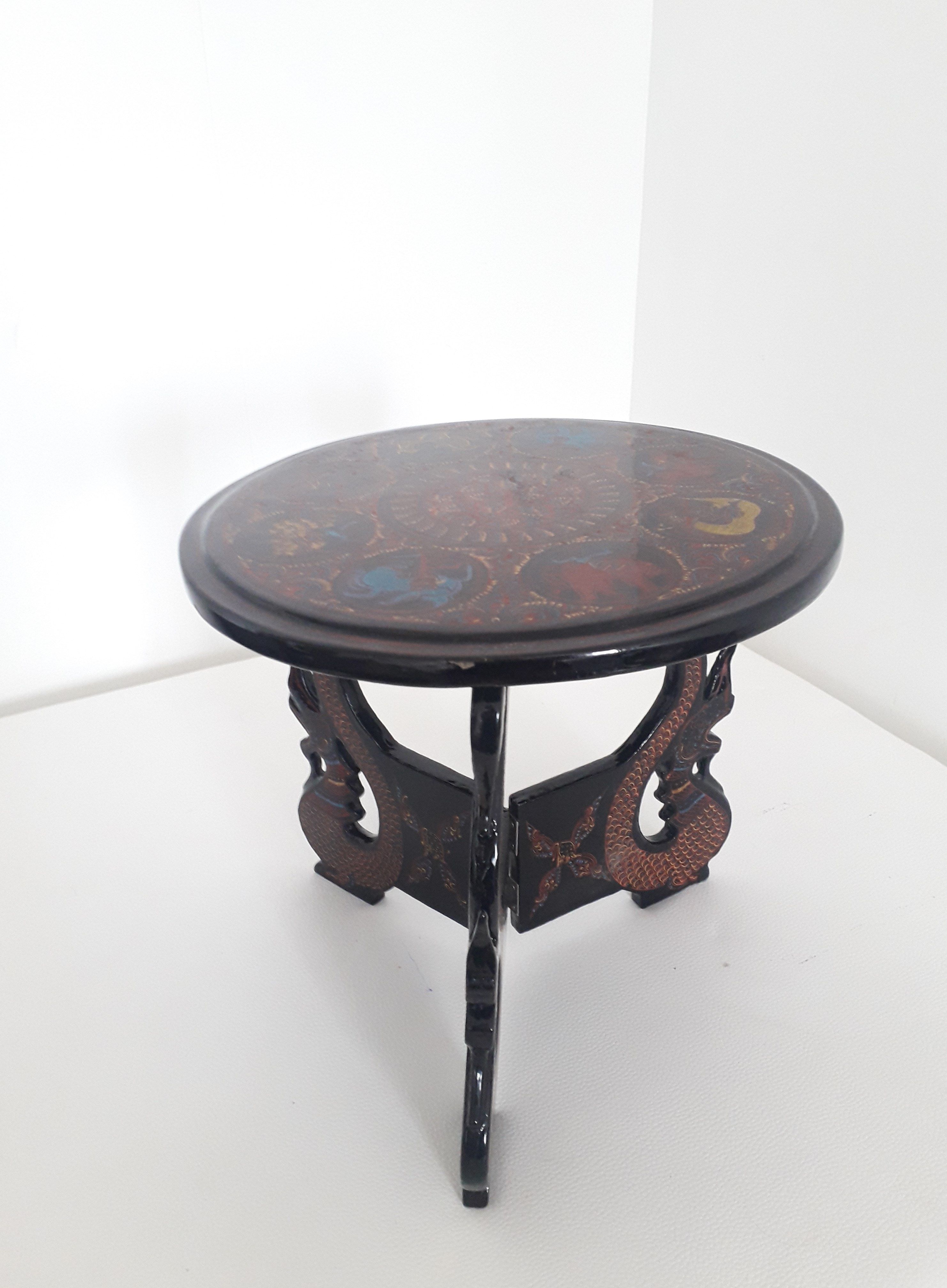 Pedestal table / asian tripod plant holder - black lacquered wood - 1970