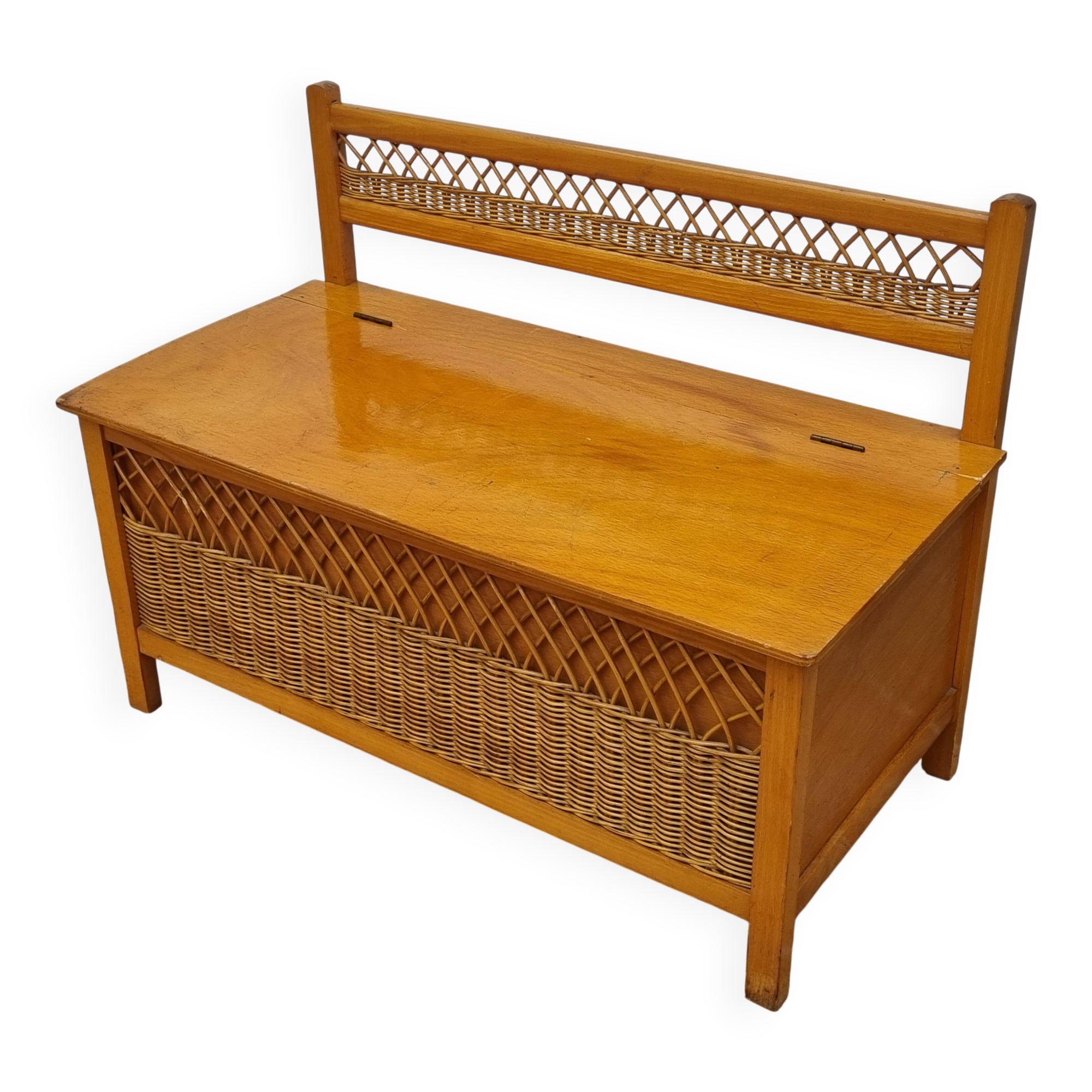 Vintage wooden bench with caning and woven rattan, 1960s-70s.
