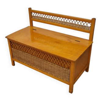 Vintage wooden bench with caning and woven rattan, 1960s-70s.