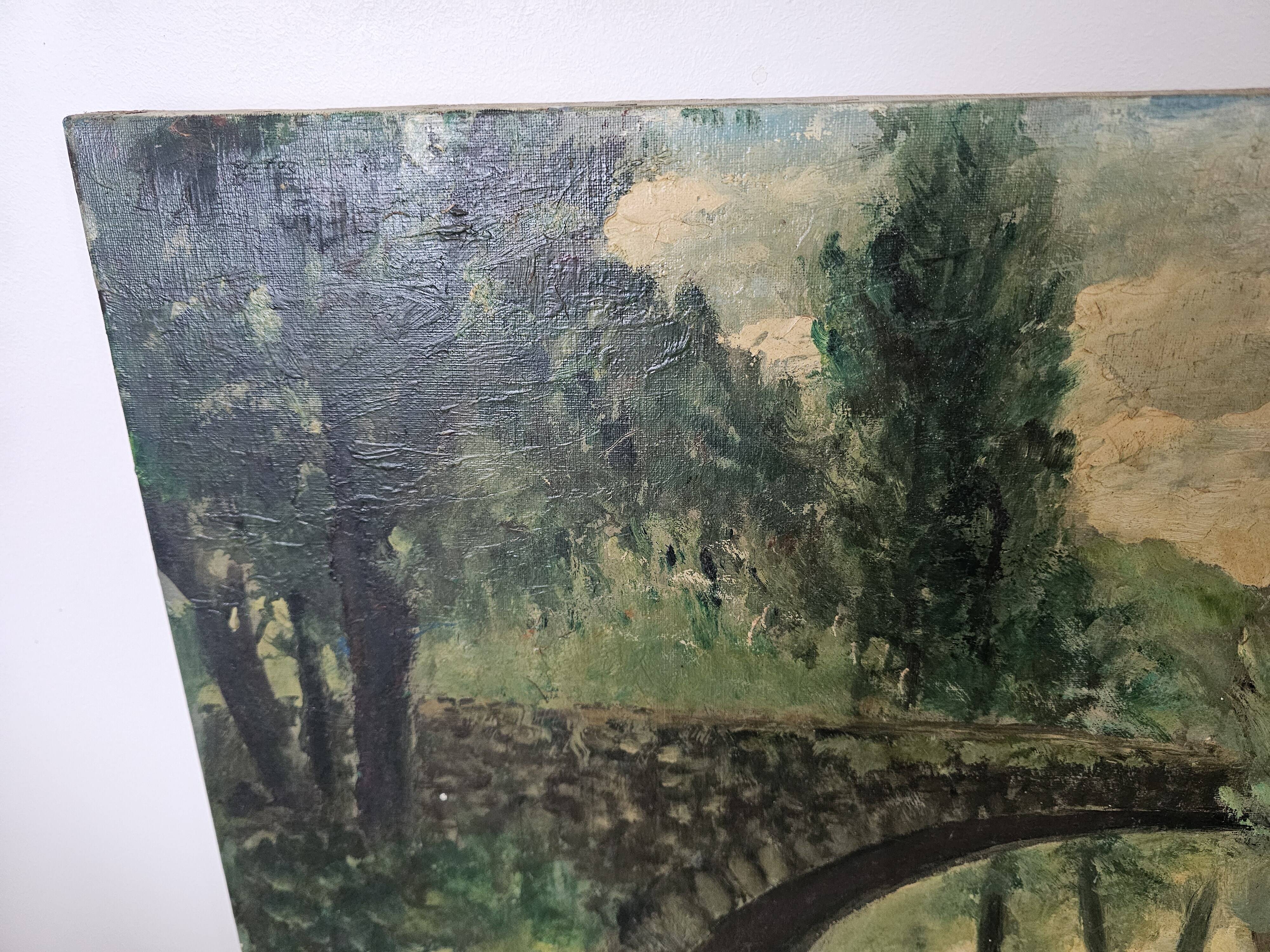 Painting - Oil on canvas Bridge on the banks of the Loire Signed Louis Hayaux (1897 1982)