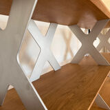 Designer shelf in solid oak and signed aluminium.