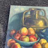 Antique painting Still life – apples, blue pottery and brass jug