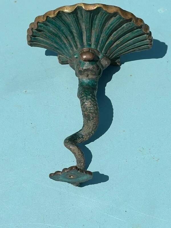 Antique candlestick base – stylised marine fish in patinated bronze
