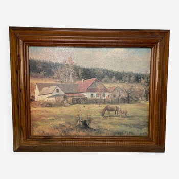 Grand Tableau huile sur toile ferme et chevaux dans cadre en bois
