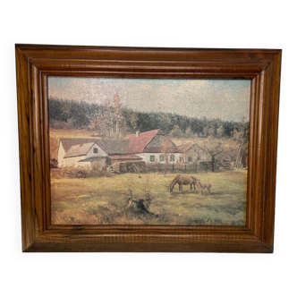 Large oil painting on canvas farm and horses in wooden frame