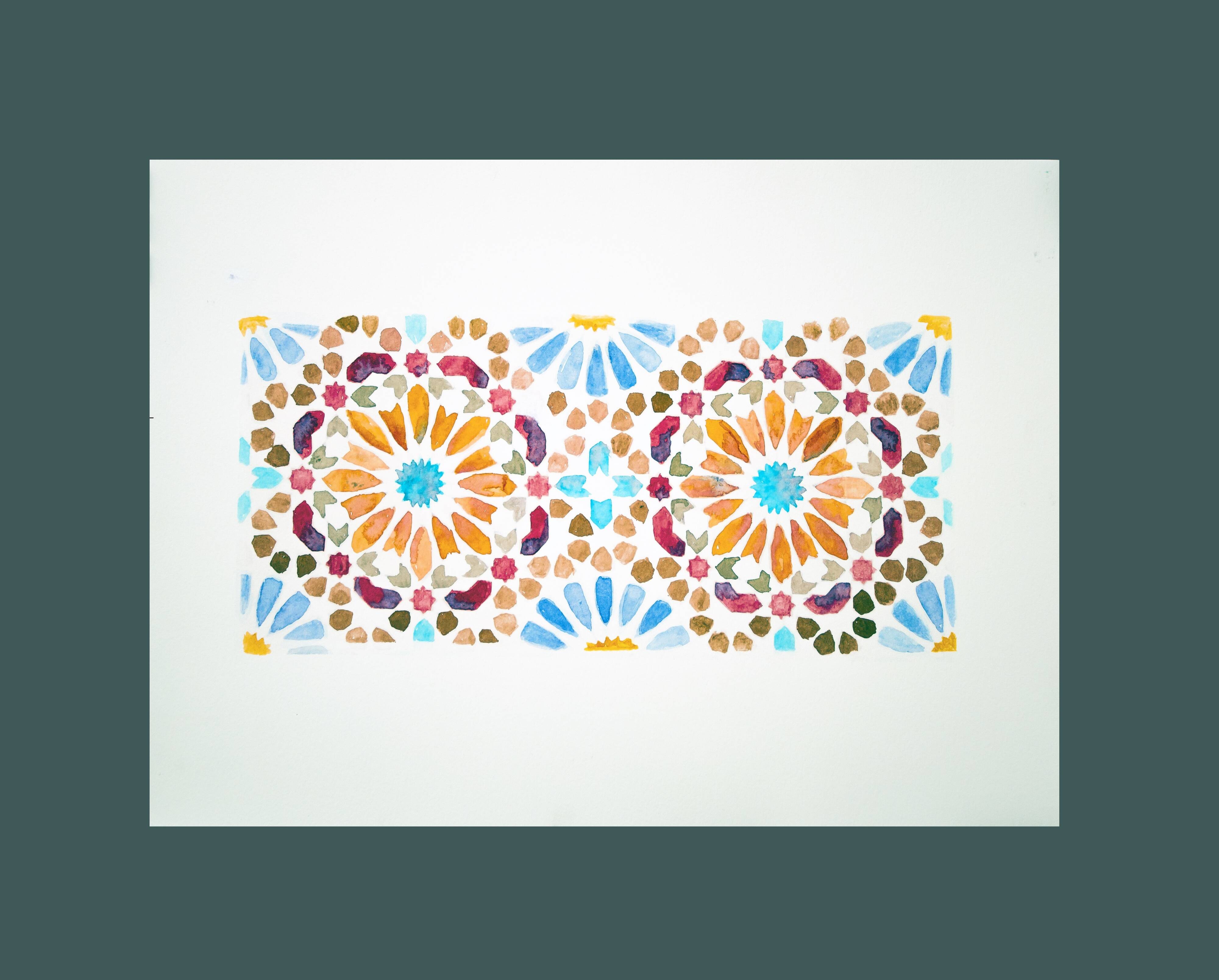 Original watercolor Arabic tile. Arabic tile painting. Watercolor Mozarabic pattern. Mozarabic pattern.