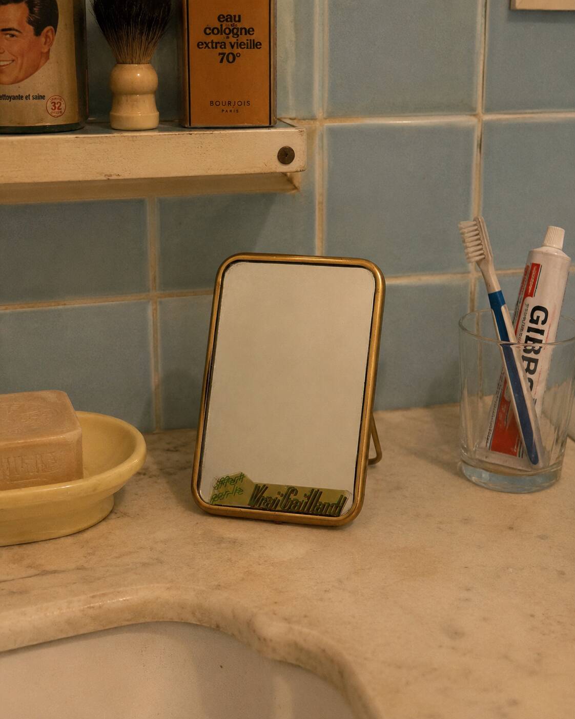 Vintage 1960 barber mirror, shaving or travel, gold and blue - 16 x 11 cm