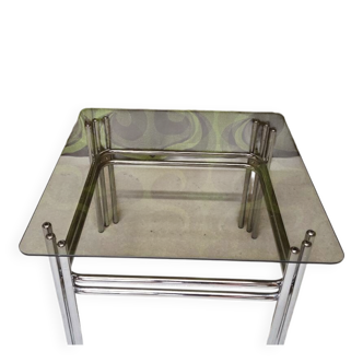 "1970s smoked glass chrome coffee table"
