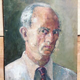 Portrait of a man with oil painting. Oil on Isorel. Oil painting. 1930s. Vintage portrait.