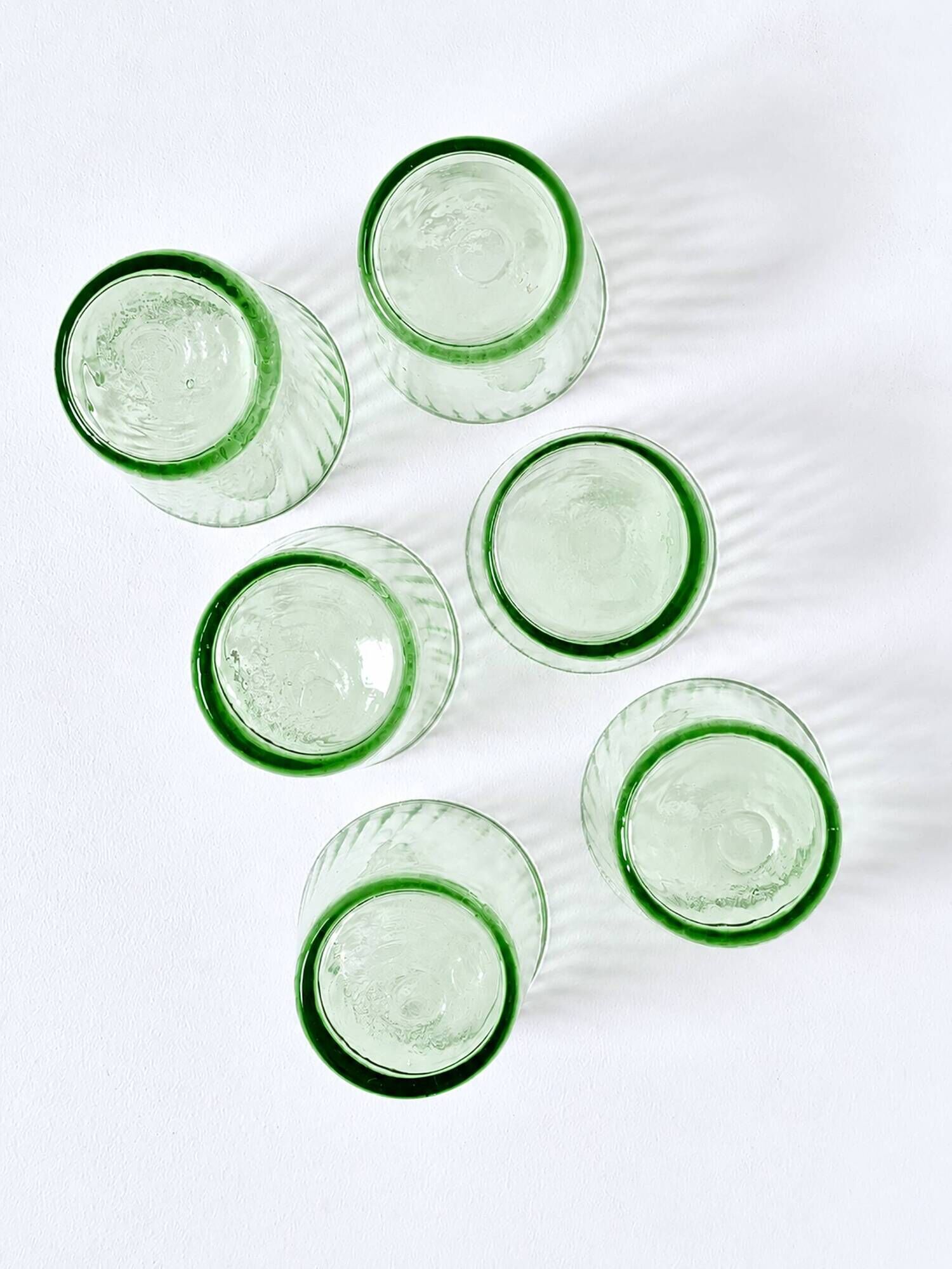 Set of 6 antique green blown glass goblets with fine fluting.