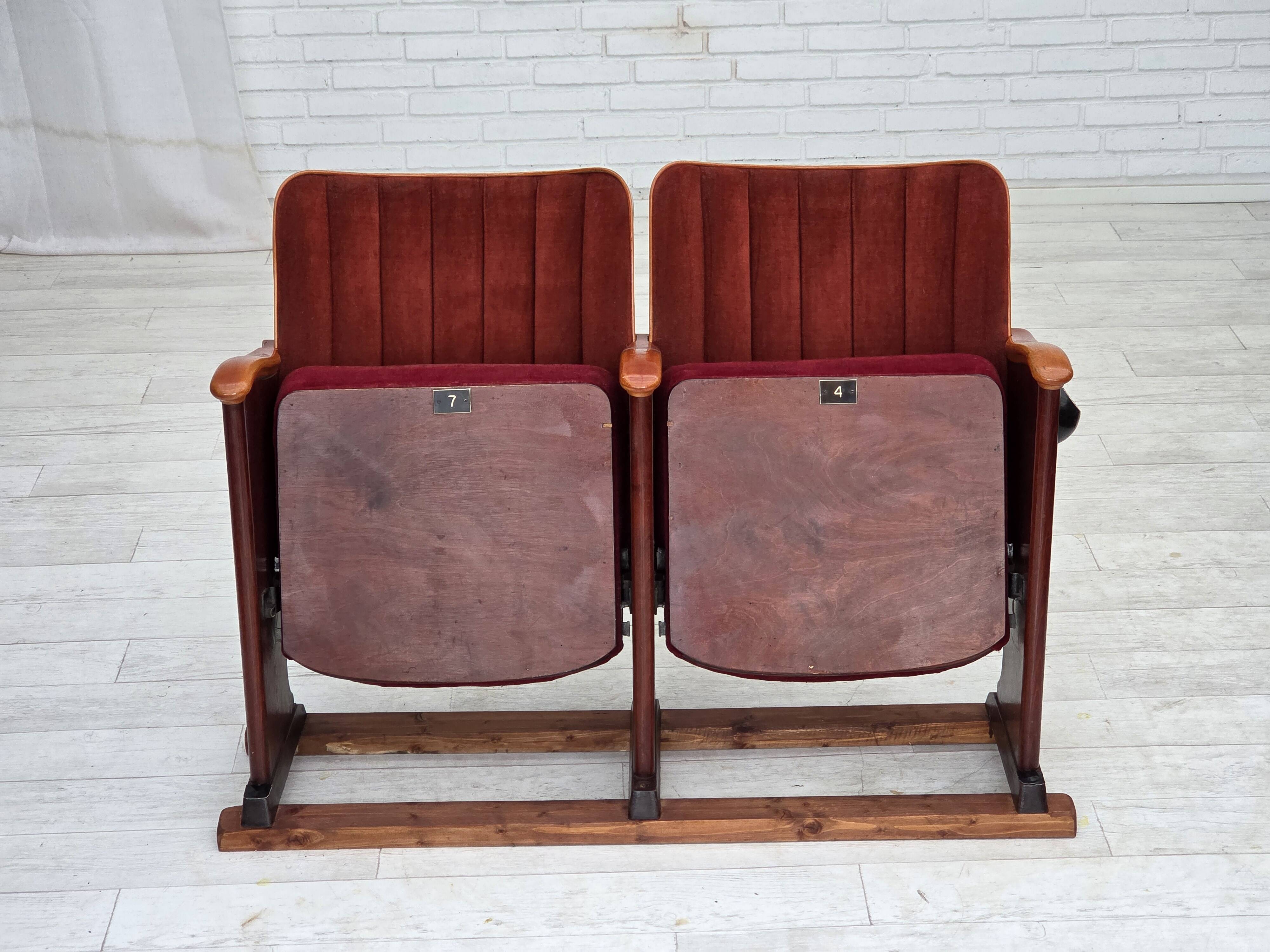 1950s, Danish theater armchairs, furniture velour, original condition.