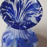 Murano style floral vase. Corolla neck, speckled cobalt blue & white. Dim 24 x 10 cm