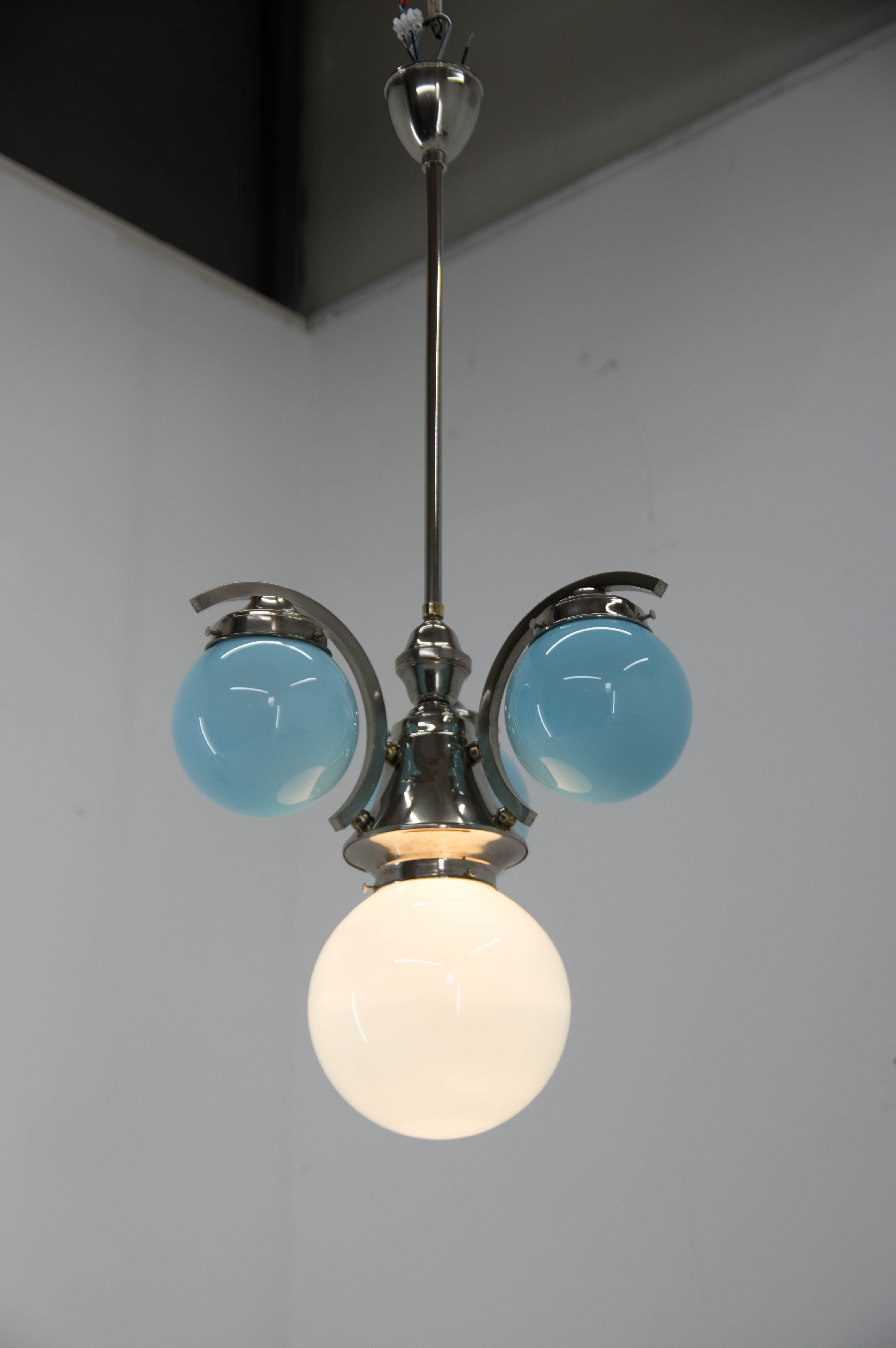 Art deco blue chandelier, 1930s, restored