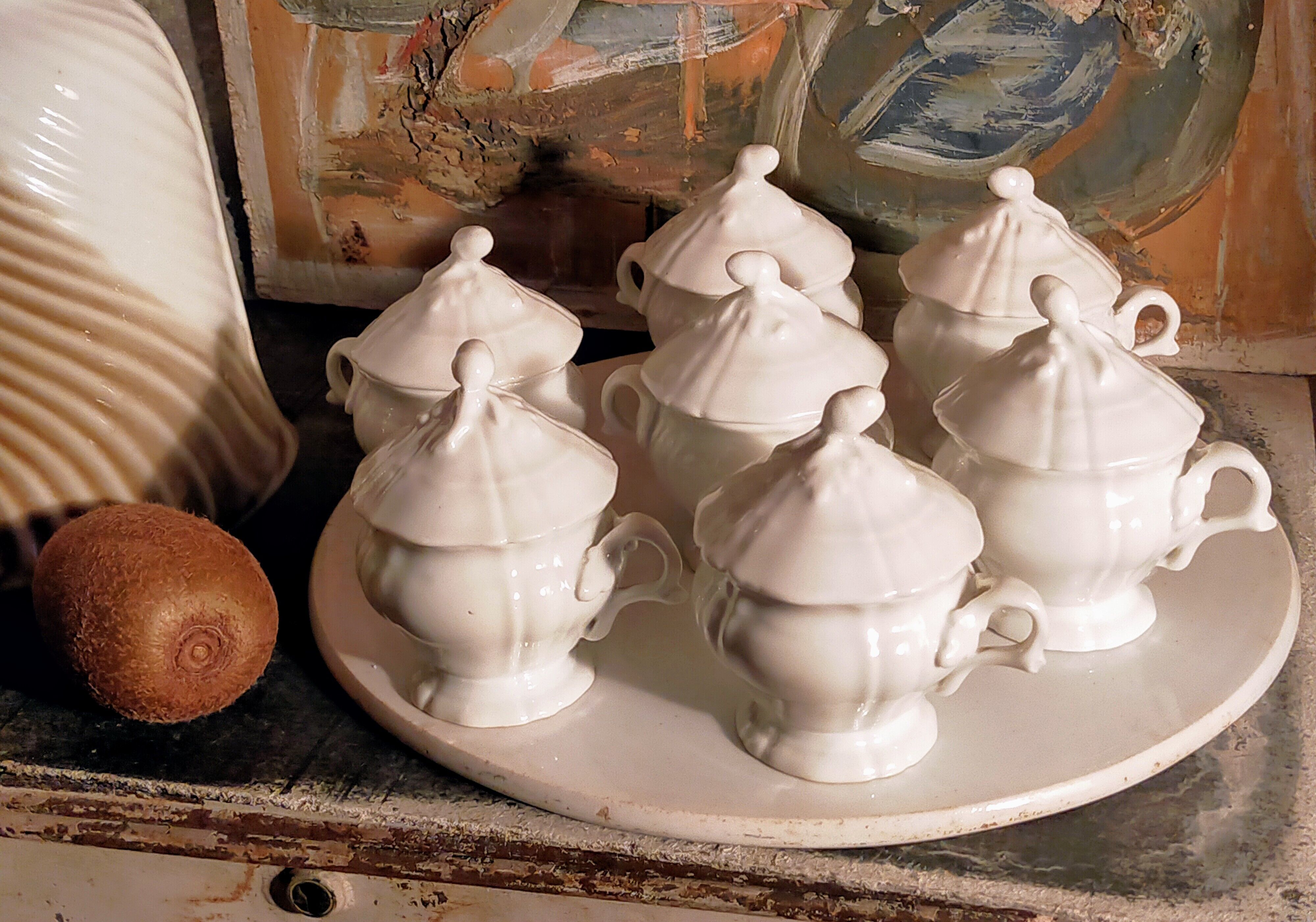 Set of seven covered pots and tray old white slurry nineteenth