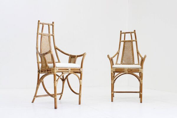 Fauteuils vintage en bambou et rotin avec coussins bouclés, années 1970, lot de 2