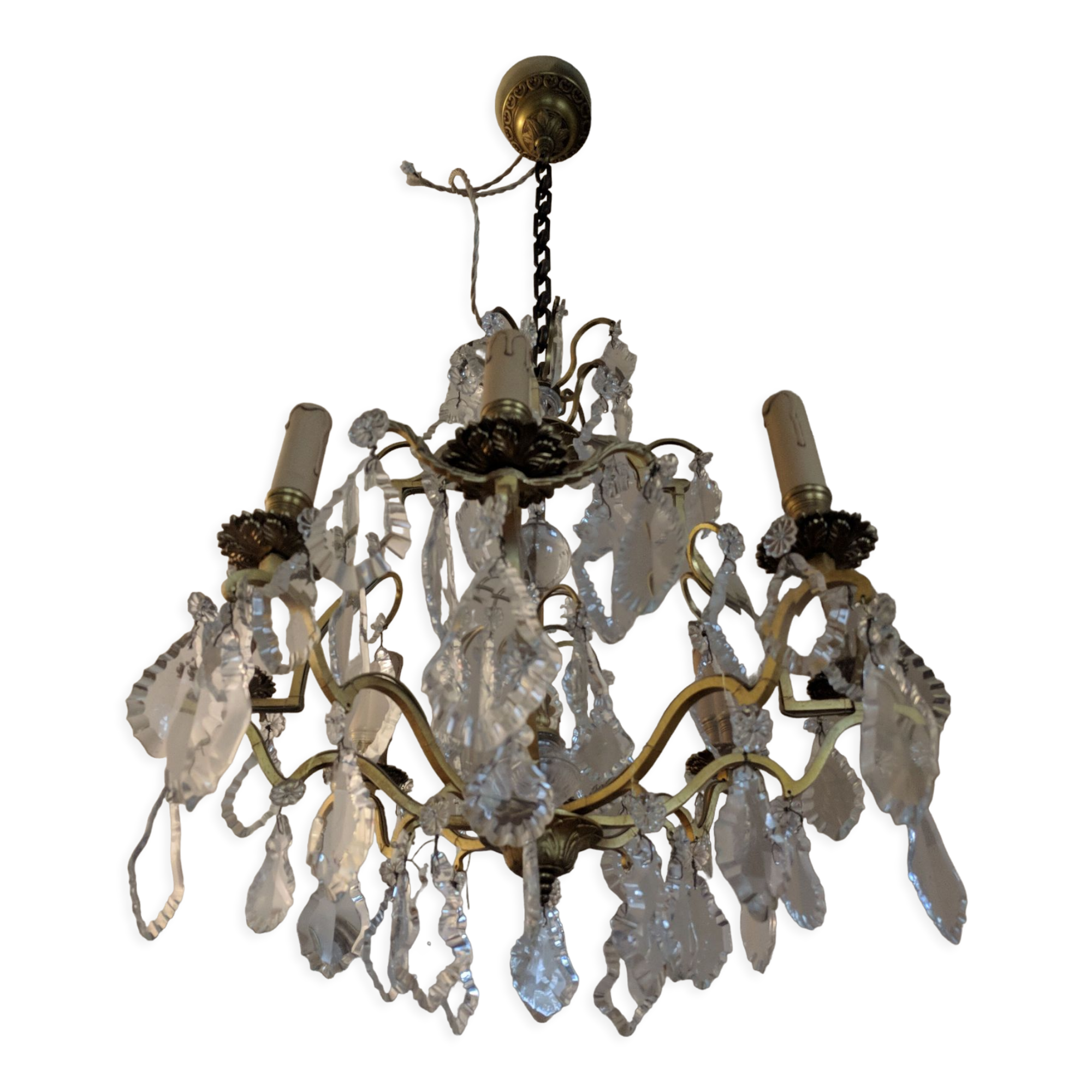 Old chandelier 8 branches bronze and Bohemian crystal late nineteenth
