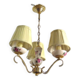 french vintage 3 light porcelain with rose decoration & gold metal chandelier cream shades