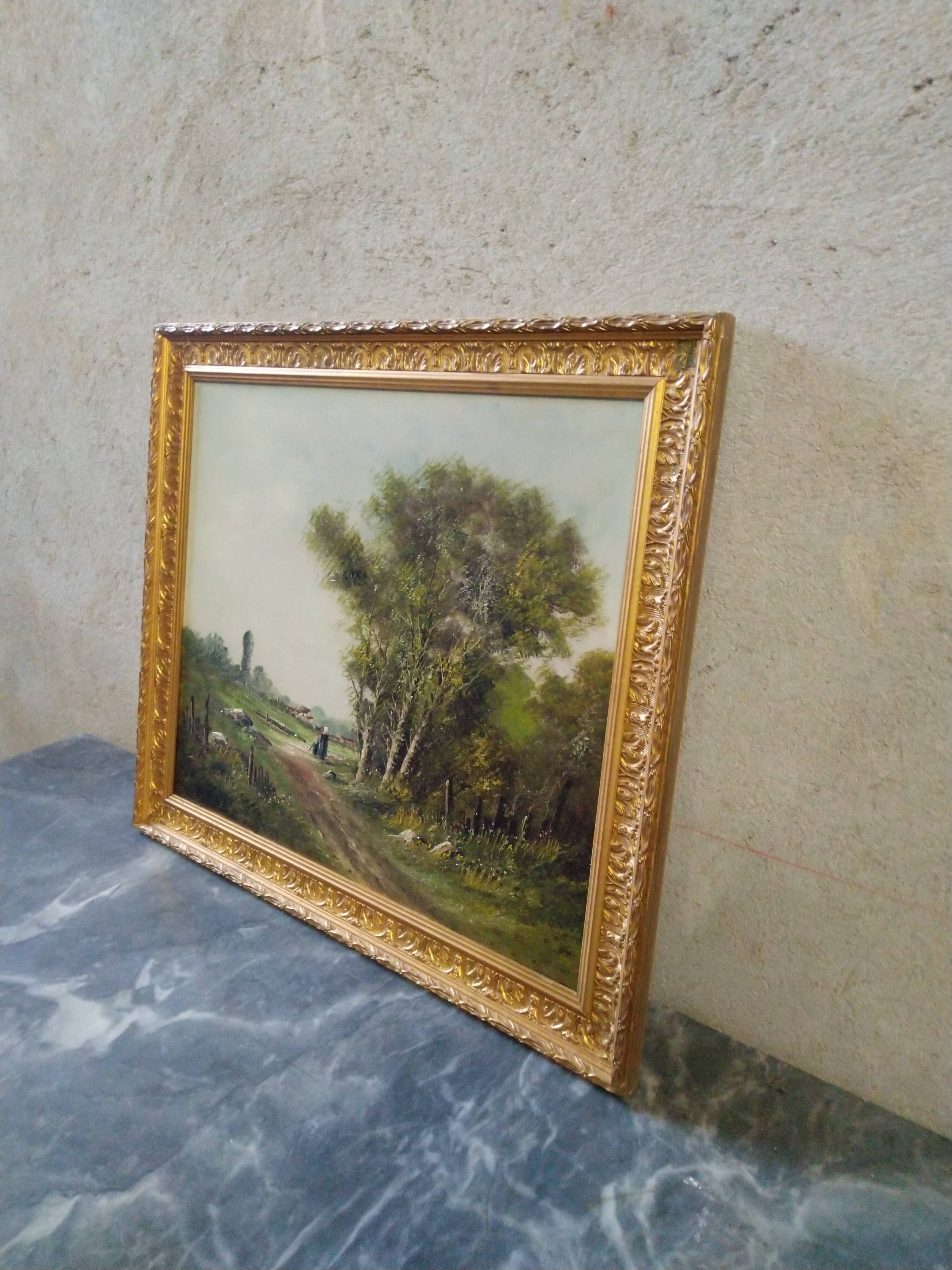Oil on canvas painting characters on a country road