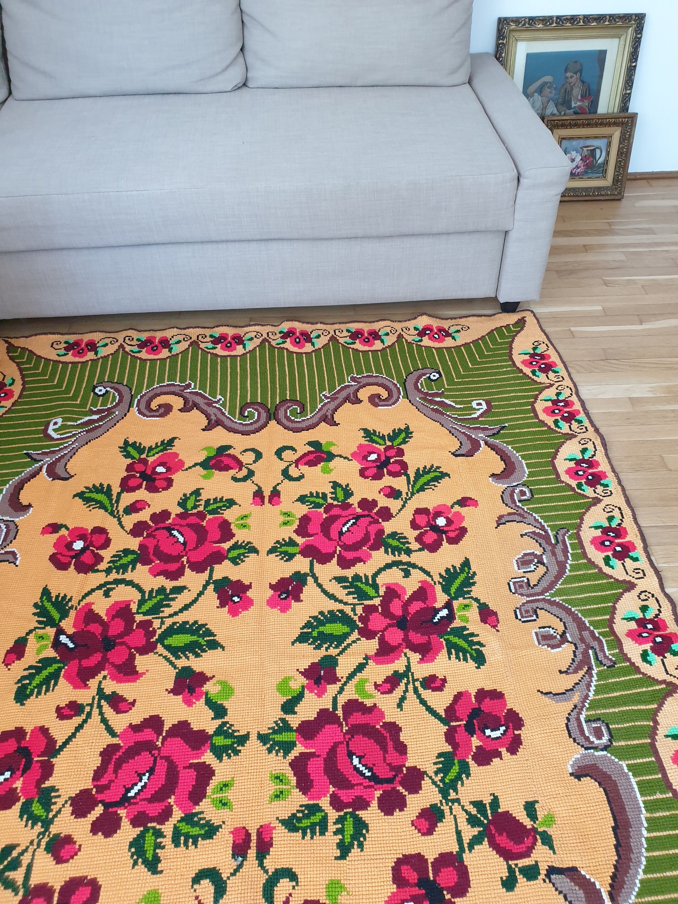 Gorgeous cross stitch floral carpet with red roses made by hand on heme Romania 148x196cm