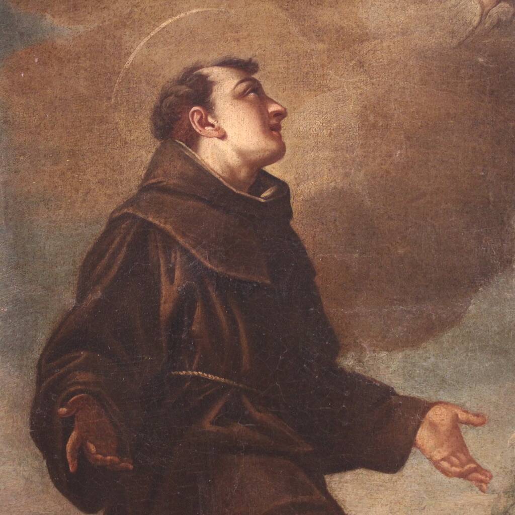 Antique Italian painting of adoration of friars with cherubs 17th century