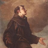 Antique Italian painting of adoration of friars with cherubs 17th century