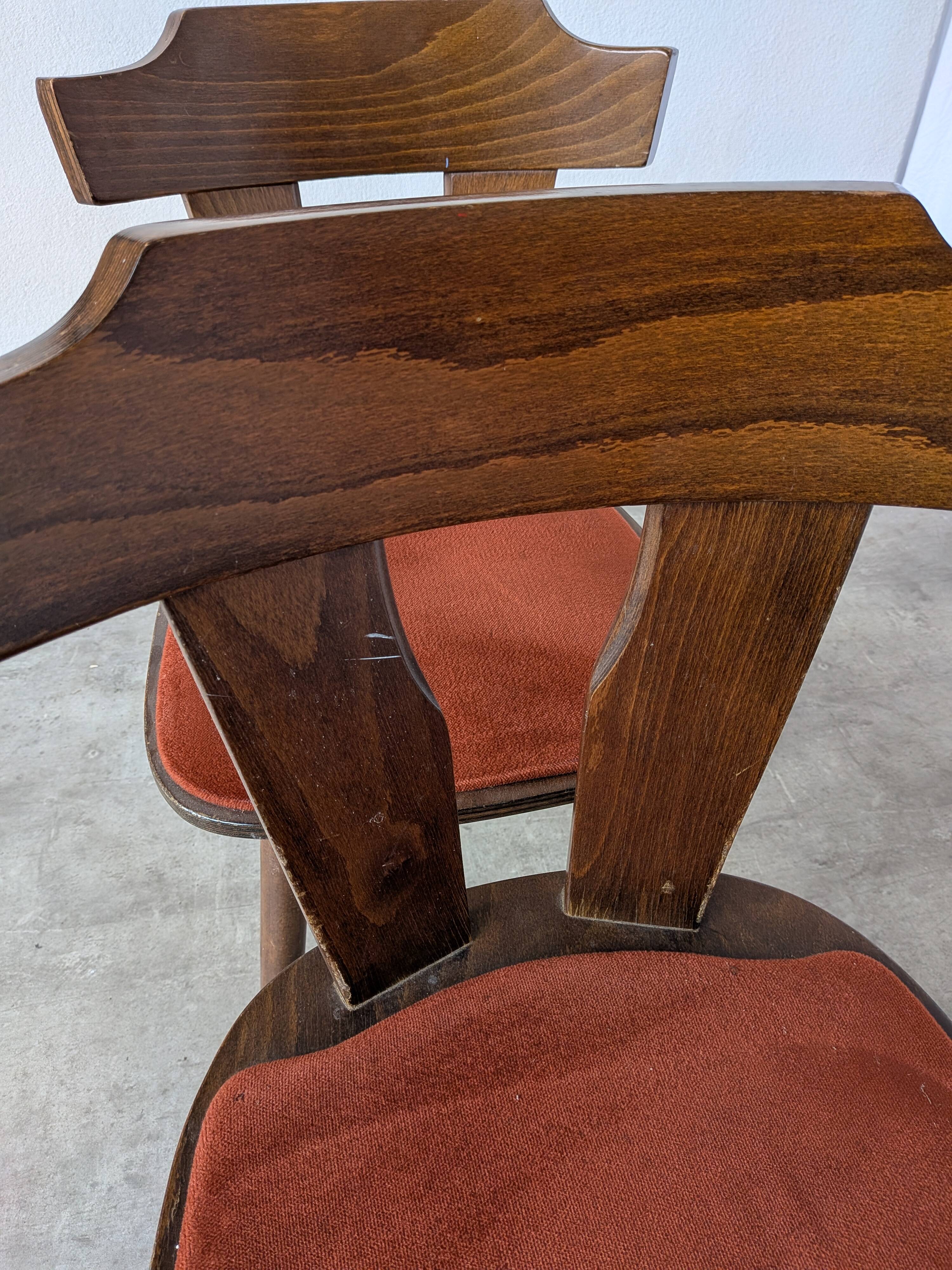 Vintage Tyrolean Dining Chairs: Set of 4, Red Fabric Seat, 1970s