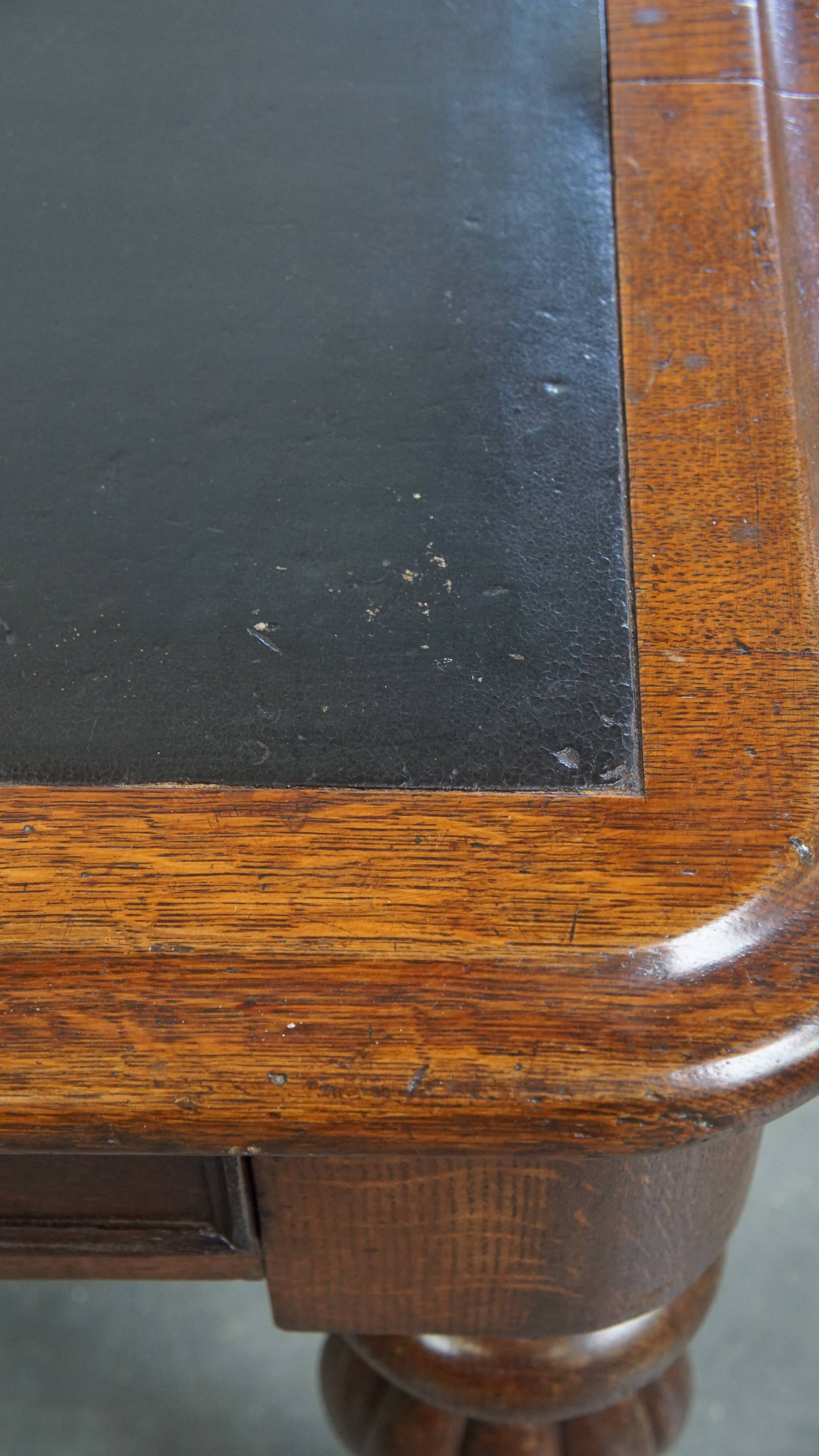 Antique English Oak Writing Desk / Partner Desk with a Leather Top