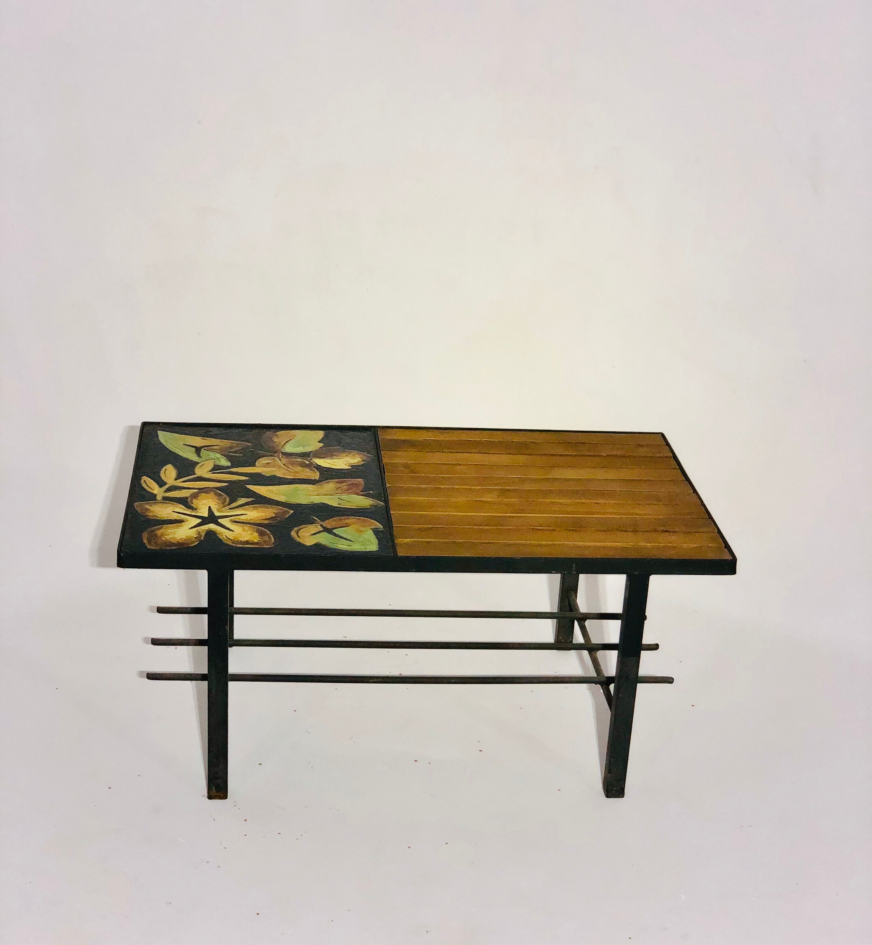 Vintage coffee table 1970 - Ceramic, oak and metal