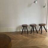 Brutalist wooden table and 3 stools
