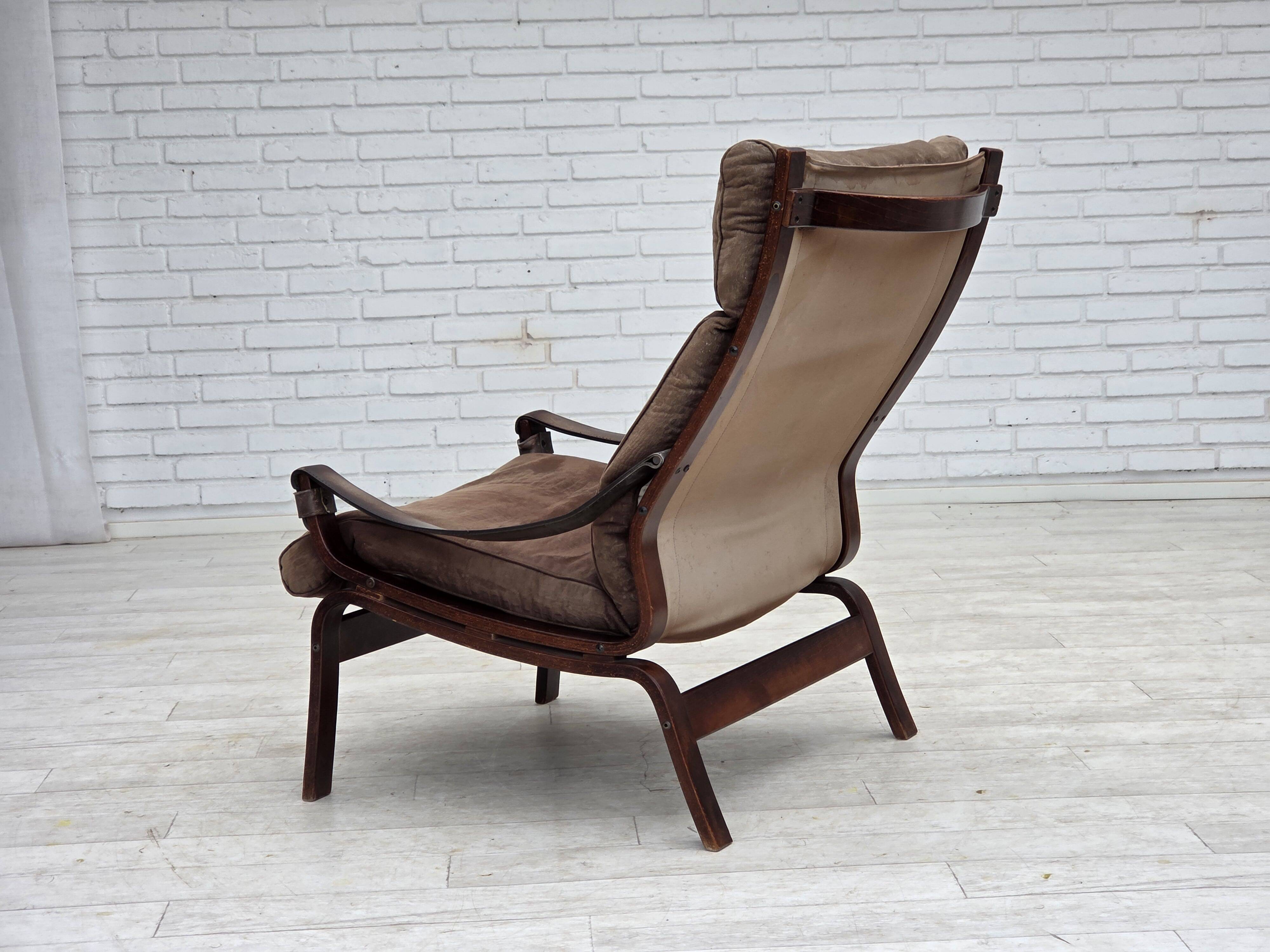 1970s, Scandinavian lounge chair, nubuck leather, canvas, beech wood.