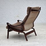 1970s, Scandinavian lounge chair, nubuck leather, canvas, beech wood.