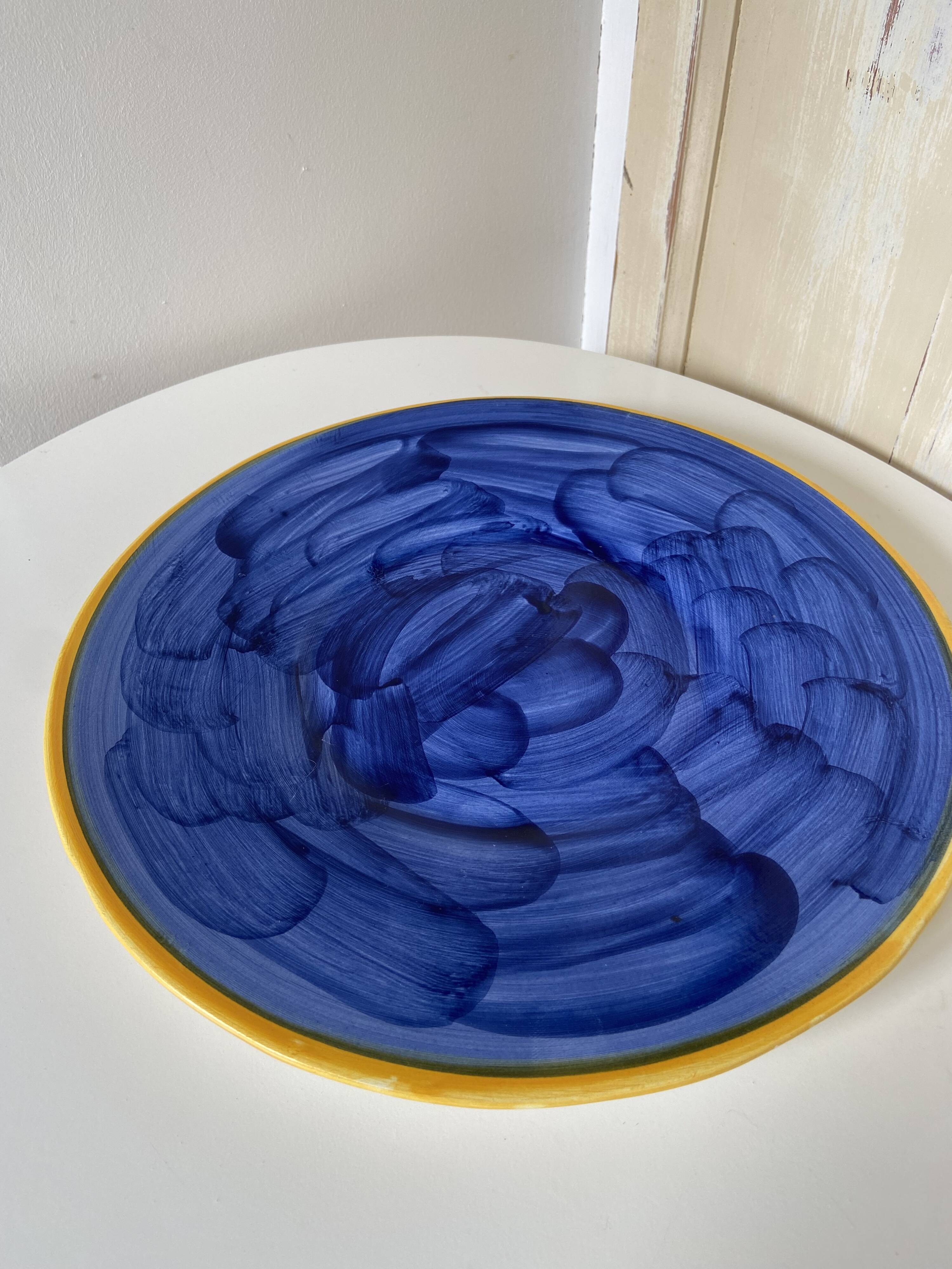 Large Vintage Blue Plate Greek Mediterranean Style - hand painted