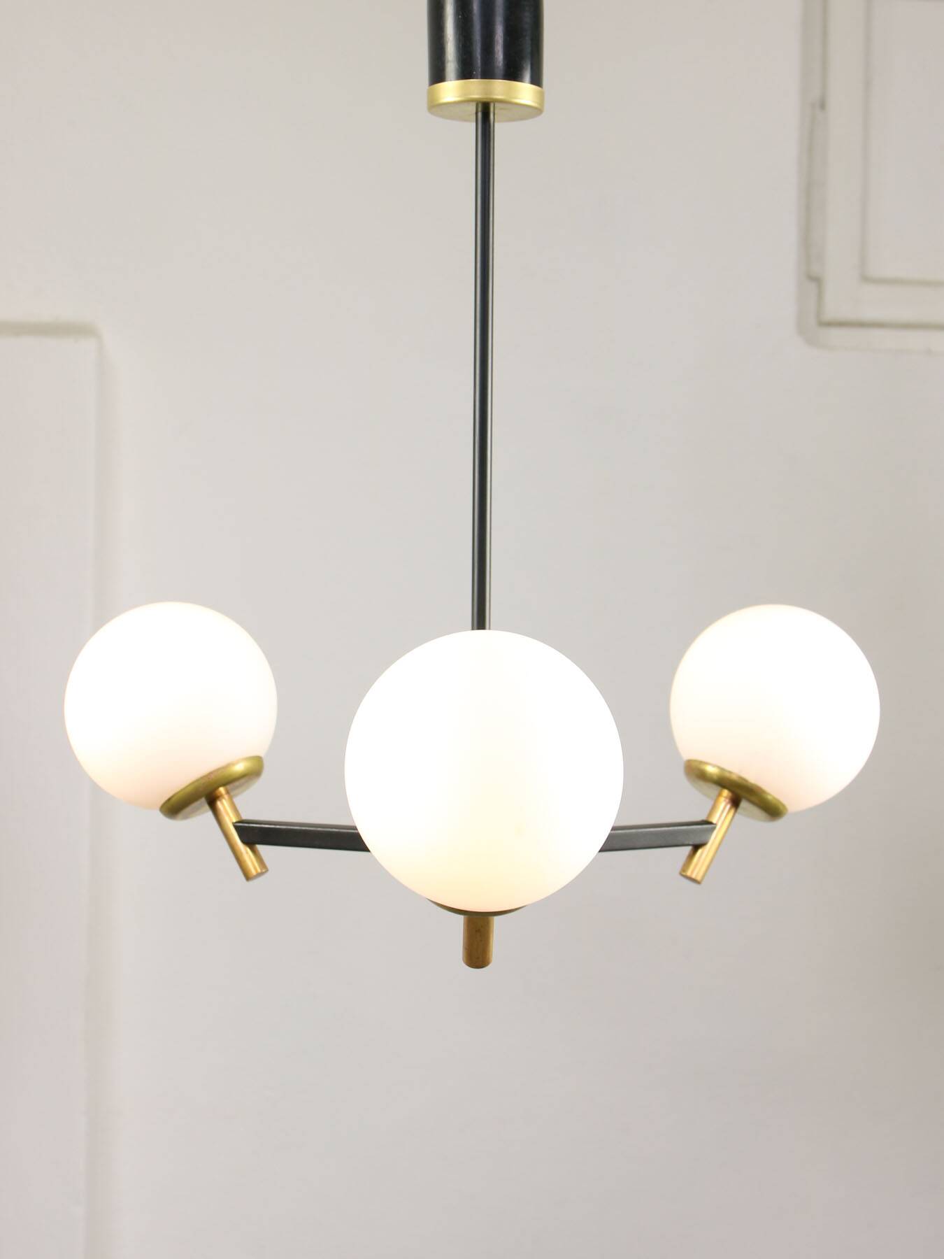 Mid-century italian brass and opaline chandelier