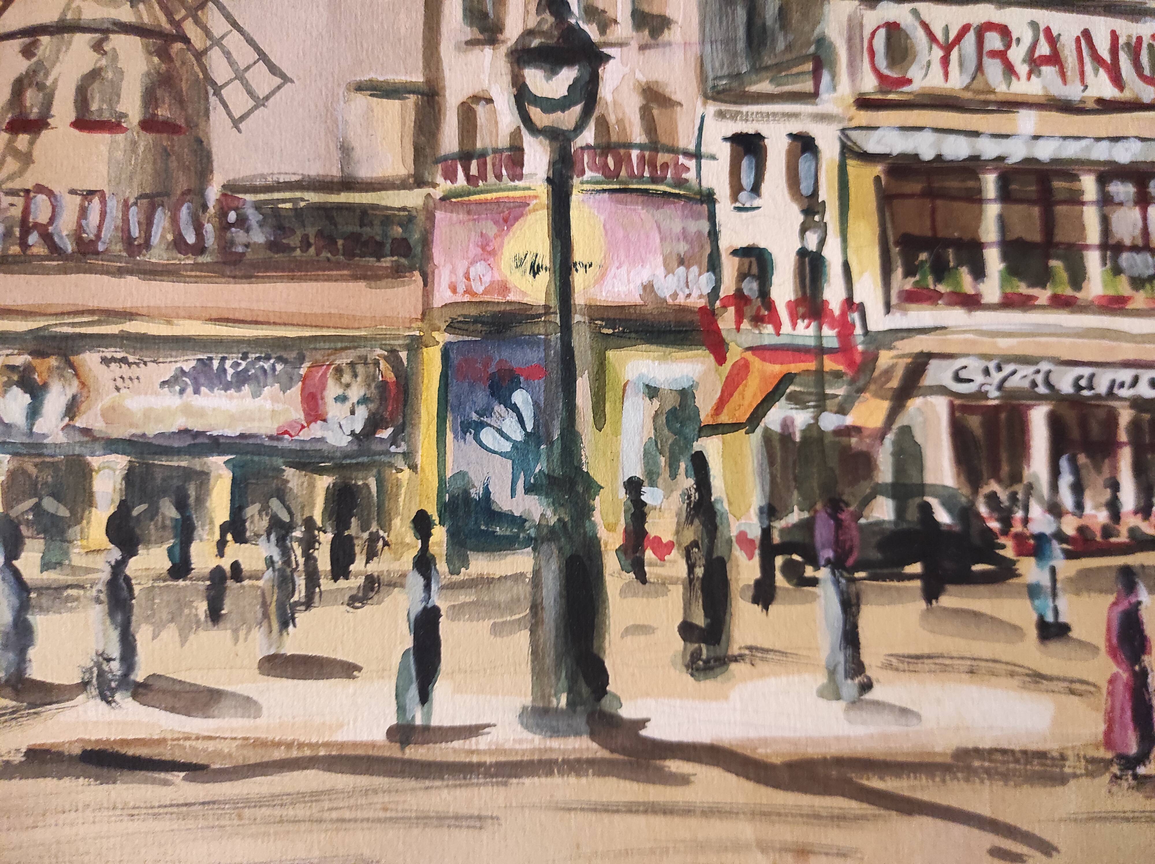 Vintage French watercolour of the Moulin Rouge, in Paris, signed Ch. Vogel, from 1948